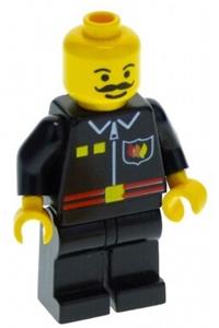 Firefighter Minifigure - Firefighter with flame badge and 2 buttons, wearing black legs, white fire helmet, and life jacket - firec015