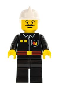 Firefighter Minifigure - Firefighter with flame badge and 2 buttons, wearing a white fire helmet and black legs - firec017