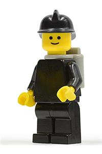 Firefighter Minifigure - Firefighter with a black fire helmet and light gray airtanks - firec019