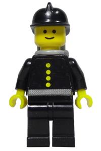 Firefighter Minifigure - Firefighter featuring 4 buttons, wearing a black fire helmet and light gray airtanks - firec019s