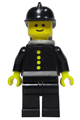 Firefighter featuring 4 buttons, wearing a black fire helmet and light gray airtanks - firec019s