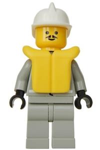 Firefighter Minifigure - Firefighter wearing a white fire helmet with air gauge and pocket, light gray legs, and a life jacket - firec026