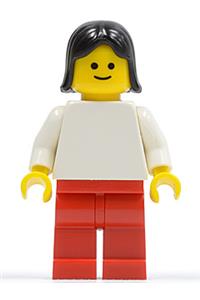 Female Minifigure - Minifigure with plain white torso and arms, red legs, and black female hair - fmf001