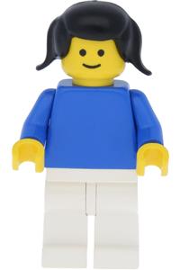 Female Minifigure - Minifigure with plain blue torso and blue arms, white legs, and black pigtails hair - fmf002