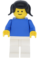 Minifigure with plain blue torso and blue arms, white legs, and black pigtails hair - fmf002