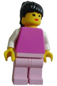 Female Minifigure - Minifigure with plain dark pink torso with white arms, pink legs, and black ponytail hair - fre003