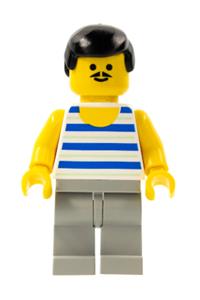 Male with dope stache Minifigure - Minifigure with black hair, light gray legs, and horizontal blue/white stripes - fre004