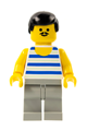 Minifigure with black hair, light gray legs, and horizontal blue/white stripes - fre004