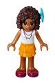 Andrea from Friends theme with a white top featuring a necklace with music notes, a bright light orange layered skirt, and a flower - frnd051