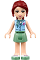 Mia from Friends theme wearing a sand green skirt, medium blue top with red cross logo and scarf, and dark purple headphones - frnd080