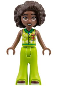 Friends Aliya - Aliya wearing a lime top with snowflakes and a Christmas gift design, trousers bell-bottoms, and dark red shoes - frnd0855
