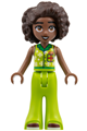 Aliya wearing a lime top with snowflakes and a Christmas gift design, trousers bell-bottoms, and dark red shoes - frnd0855