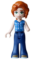 Friends Autumn wearing a blue tied flannel vest, dark blue bell-bottom trousers, and dark tan shoes - frnd0860