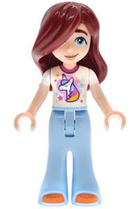 Friends Paisley - Friends Paisley wearing a white unicorn t-shirt, bright light blue bell-bottom trousers, and orange shoes - frnd0861