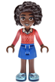 Friends Aliya wearing a coral sweater vest, blue skirt, and metallic light blue shoes - frnd0862