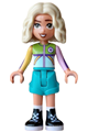 Nova from Friends wearing a light aqua and lime sweater, dark turquoise shorts, and black boots - frnd0868
