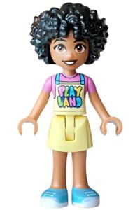 Friends Sonia - Friends Sonia wearing a PLAYLAND bright light yellow apron, dark pink t-shirt, and medium azure shoes - frnd0869