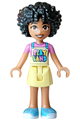 Friends Sonia wearing a PLAYLAND bright light yellow apron, dark pink t-shirt, and medium azure shoes - frnd0869