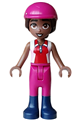 Aliya from Friends with bright pink hair, red and white sleeveless shirt, magenta trousers, dark blue boots, and magenta horse riding helmet - frnd0870