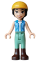 Liann from Friends wears a dark azure and bright light blue vest over a white top, sand green trousers, dark brown boots, and a bright light orange horse riding helmet - frnd0872