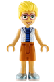 Olly from Friends wearing a bright light blue open shirt, dark orange shorts, and metallic light blue shoes - frnd0877