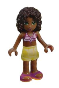 Friends Andrea - Andrea from Friends theme with bright light yellow shorts and a magenta and white striped bikini top - frnd087