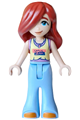 Paisley from Friends wearing a bright light yellow and medium lavender tank top, bright light blue bell-bottom trousers, and orange shoes - frnd0882