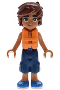 Friends Leo - Leo from Friends wearing a bright light orange sleeveless shirt, orange life jacket, dark blue cropped trousers, and blue shoes - frnd0883