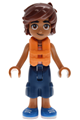 Leo from Friends wearing a bright light orange sleeveless shirt, orange life jacket, dark blue cropped trousers, and blue shoes - frnd0883