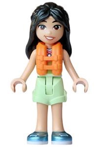 Friends Liann - Liann from Friends with lime, coral, and medium azure tank top, yellowish green folded hem shorts, metallic light blue shoes, orange life jacket, and bright pink flower - frnd0885