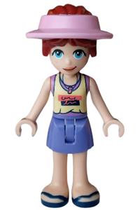 Friends Paisley - Paisley from Friends wearing a bright light yellow and medium lavender tank top, blue violet skirt, dark blue sandals, and bright pink sun cap - frnd0886