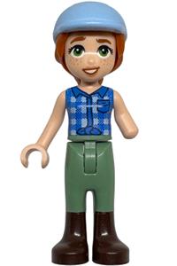 Friends Autumn - Figure from Friends Autumn wearing a blue tied flannel vest, sand green trousers, dark brown boots, and a bright light blue horse riding helmet - frnd0889
