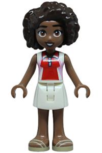 Friends Aliya - Aliya from Friends wearing a bright pink, red, and white sleeveless shirt, white skirt, and tan sandals - frnd0891