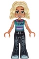 Friends Nova wearing a dark turquoise sleeveless hoodie, black bell-bottom trousers, and metallic light blue shoes - frnd0894