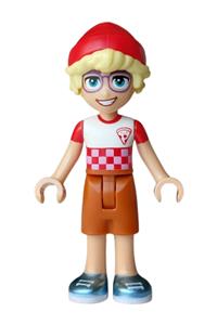 Friends Olly - Olly wearing a white checkered T-shirt with a pizza slice, dark orange shorts, metallic light blue shoes, and a red hat - frnd0898