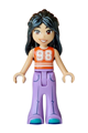 Liann wearing a reddish orange and white top, medium lavender bell-bottom trousers and dark turquoise shoes - frnd0899
