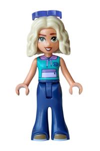 Friends Nova - Nova wearing a dark turquoise sleeveless hoodie, sunglasses, dark blue bell-bottom trousers and dark tan shoes - frnd0900