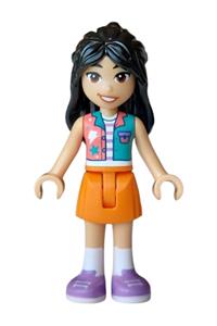 Friends Liann - Liann from Friends wearing a coral and dark turquoise vest, an orange skirt, and medium lavender shoes - frnd0906