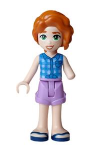 Friends Autumn - Female Friends Autumn wearing a blue tied flannel vest, medium lavender folded-hem shorts and dark blue sandals - frnd0911