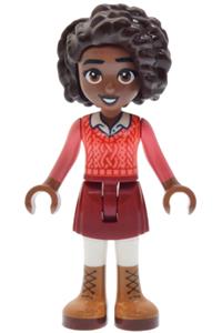 Friends Aliya - Aliya wearing a coral sweater vest, a dark red skirt and medium nougat boots - frnd0918