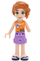 Friend wearing an orange sleeveless top, medium lavender folded-hem shorts and dark blue sandals - frnd0921