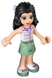 Friends Emma - Emma wearing a white plaid button shirt with a sand green skirt and a bow - frnd095