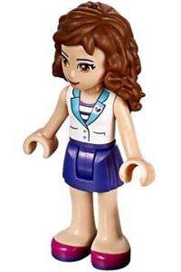 Friends Olivia - Olivia in white top with medium azure collar, dark purple skirt, and striped inset - frnd111