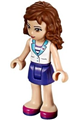 Olivia in white top with medium azure collar, dark purple skirt, and striped inset - frnd111