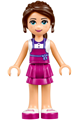 Naomi wearing a white top with a magenta apron, a magenta layered skirt, and a bright pink flower - frnd142