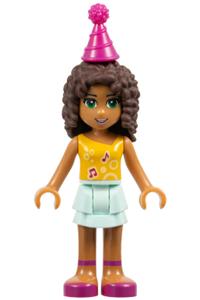Friends Andrea - Andrea from Friends theme with a bright light orange top with music notes, wearing a light aqua layered skirt and a magenta party hat - frnd165