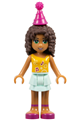 Andrea from Friends theme with a bright light orange top with music notes, wearing a light aqua layered skirt and a magenta party hat - frnd165