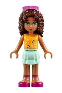 Friends Andrea - Andrea from Friends wearing a bright light orange top with music notes, a light aqua layered skirt, and Trans-Dark Pink glasses - frnd173