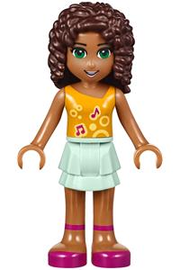 Friends Andrea - Andrea from Friends theme wearing a bright light orange top with music notes, light aqua layered skirt, and a bow - frnd190
