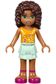 Andrea from Friends theme wearing a bright light orange top with music notes, light aqua layered skirt, and a bow - frnd190